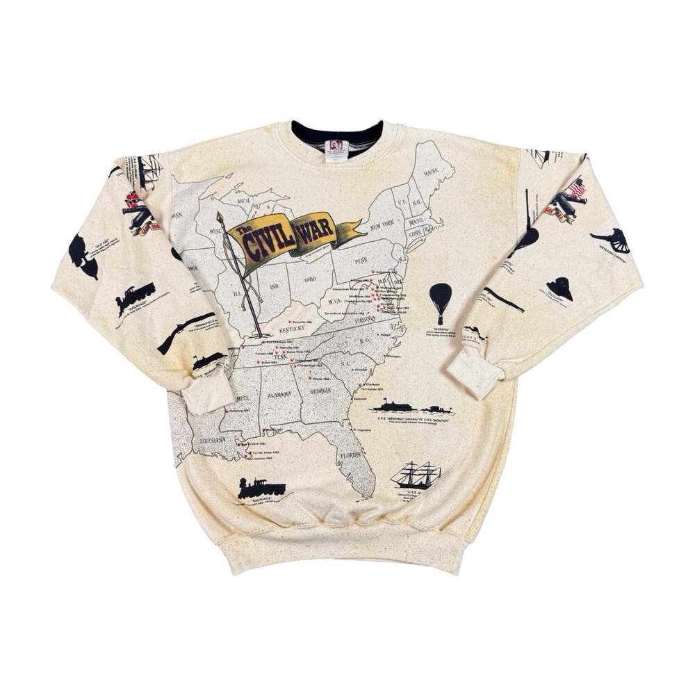 Vintage All Over Print Civil War Map Crewneck Sweater Made In USA Size XL
